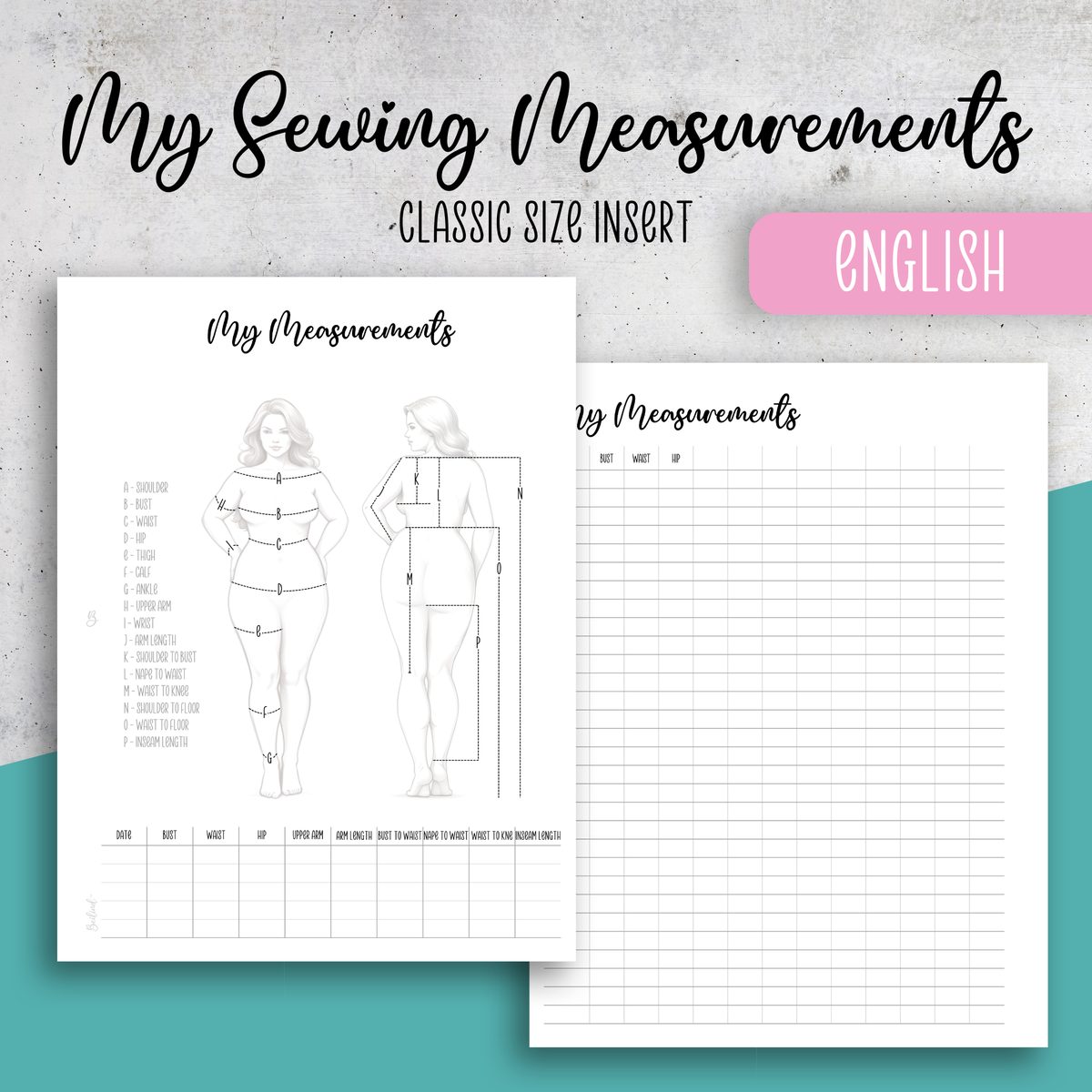 My Sewing Measurements, Classic Size Insert